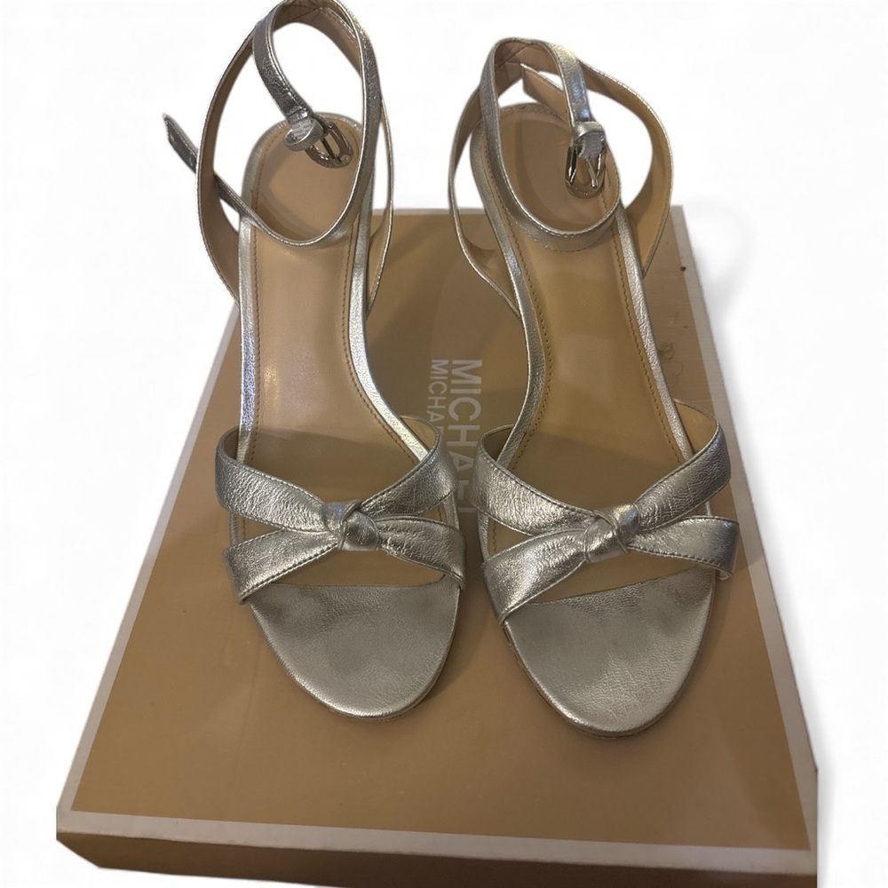 Michael Kors Silver Leather Ankle Strap Heels - Size 8